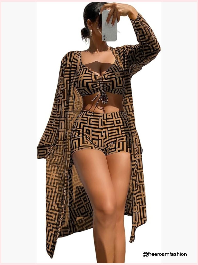 3-Piece Geometric Print Bikini Set With Drawstring And Cover-Up Kimono